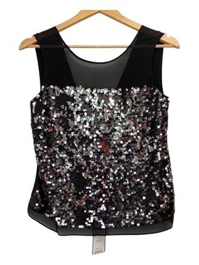 Bcbgmaxazria Jannie black silver sequins sleeveless chiffon crop tank top XS